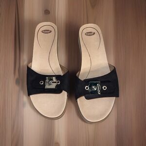 VTG Dr Scholls Original Clogs Women's Sz 10 Wooden Shoes Sandals Black Fabric